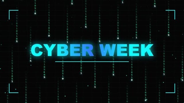 Neon Cyan Cyber Week Title Animation with Falling Binary Code and Glitch Effect