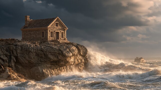 Stone house standing firm on solid rock during a violent storm while a house built on sand collapses below.