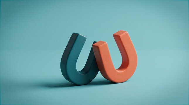 Two horseshoe magnets in blue and orange colors leaning against each other on solid background.