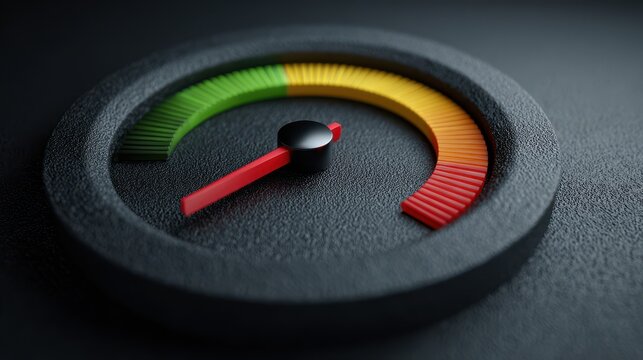 A circular gauge with a red pointer indicating a low level on a dark textured background. Perfect concept for risk assessment and performance monitoring.