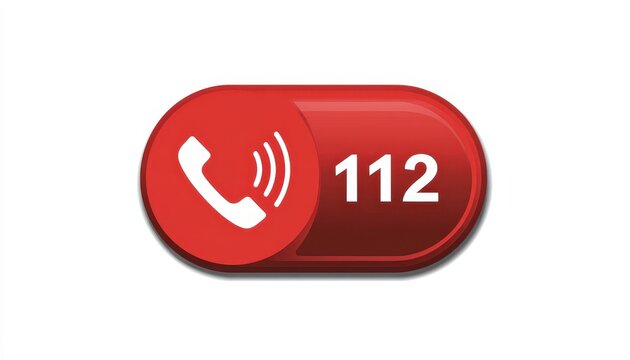 A red emergency 112 phone button isolated on white background. Useful icon for security and help app interface designs.
