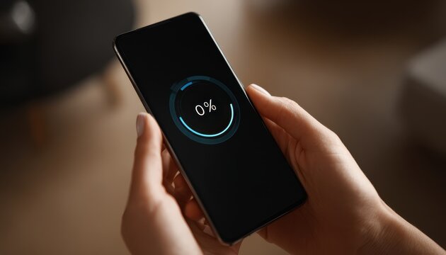 A close-up of hands holding a smartphone displaying a zero percent battery charging screen. Useful for technology, low battery, and waiting concepts.