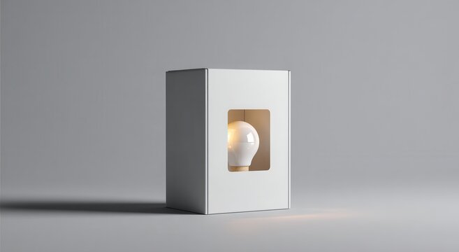 A glowing light bulb inside a white box on a gray background. Perfect concept image for creative ideas and innovation.