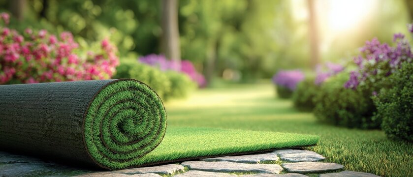 A roll of artificial turf resting on a stone pathway in a lush garden. Landscaping and home improvement concept.