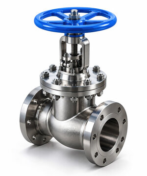 Industrial gate valve with steel pipe flanges and blue handle isolated on white studio background.