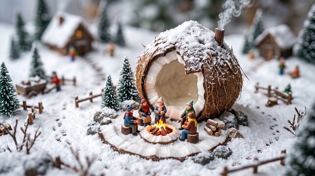 Miniature villagers gather around a coconut shell shelter in a snowy landscape