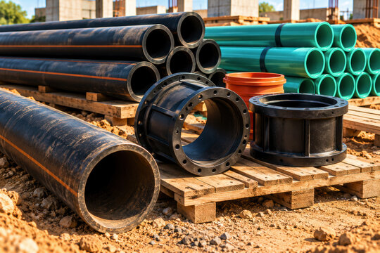 Industrial heavy duty black and green hdp pipes stacked on wooden pallets at construction site.
