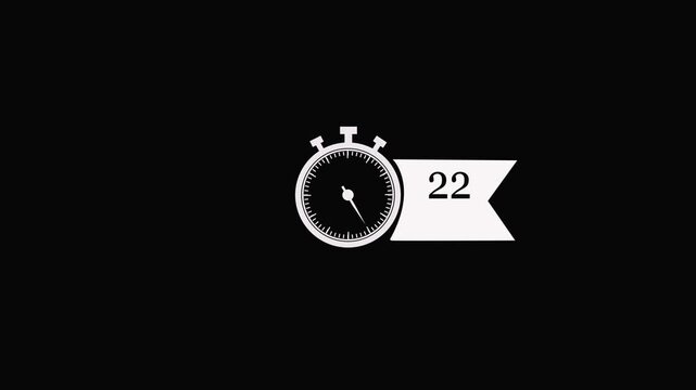 22 Min arrow clock icon animation on transparent background with alpha channel. Timer22 minutes countdown clock with circular arrow. 