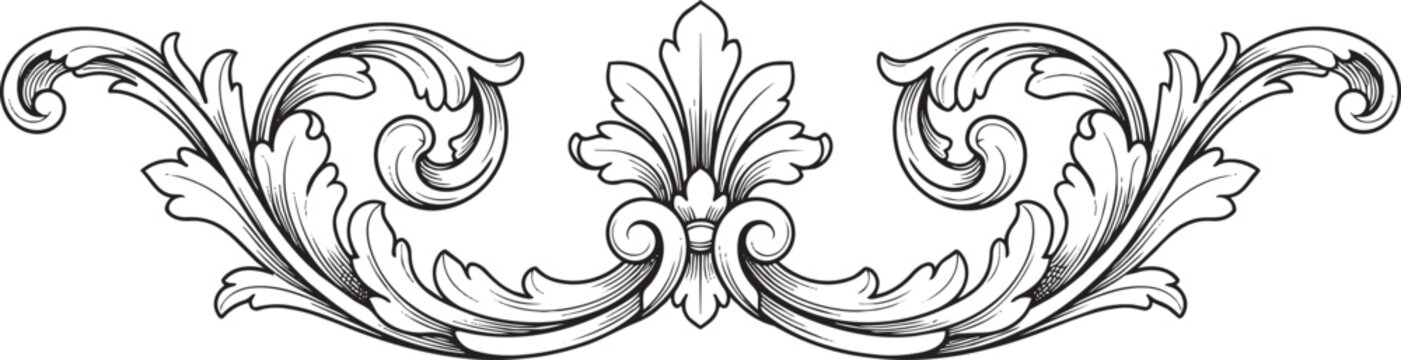 Symmetrical horizontal decorative border with acanthus leaf scrolls and central floral motif in baroque style on white