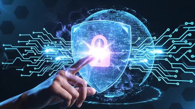 Futuristic digital interface showcasing a glowing shield with a pink lock symbol being activated by a human finger on a