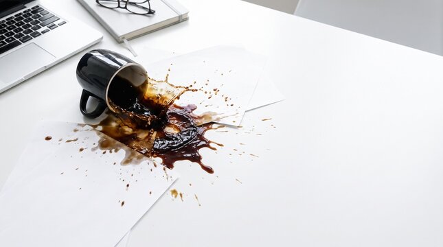 Spilled Coffee on White Office Desk with Coffee Cup