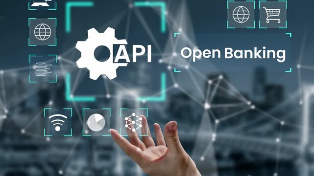 Hand Reaching Towards Open Banking API Concept with Digital Icons Representing Financial Technology Solutions and Modern Connectivity Gluon.