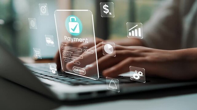 Secure Online Payment Process on Laptop with Interactive Graphs and Icons Representing Digital Financial Transactions and Cybersecurity Measures Gluon.