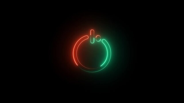 Glowing neon power button icon animation, shutdown screen turn on off button switch stop start closed button sign symbol on black background.