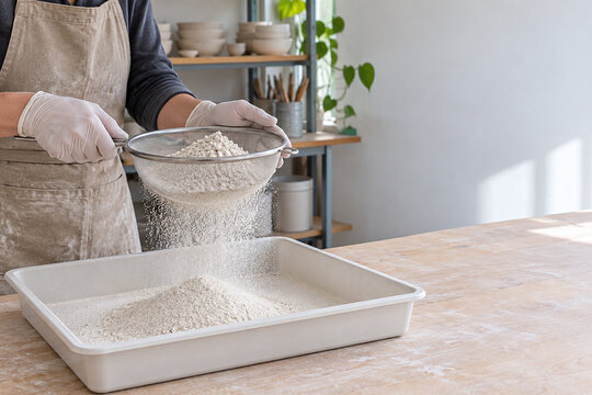 Hands sifting pale powder through mesh into tray