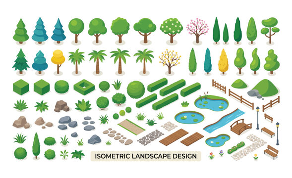 Isometric landscape design elements including trees rocks and water features