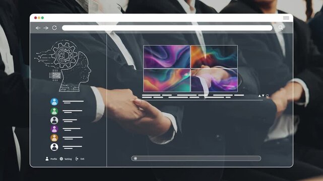 A modern business meeting scene highlighting team collaboration and digital interface, emphasizing innovation and strategic communication among professionals. Raster