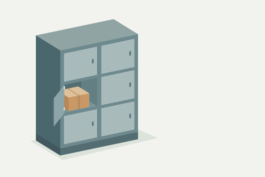 Parcel locker with one open compartment and a package