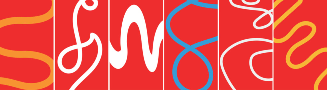Abstract digital art composition featuring colorful flowing wavy lines arranged in a series of vertical red panels