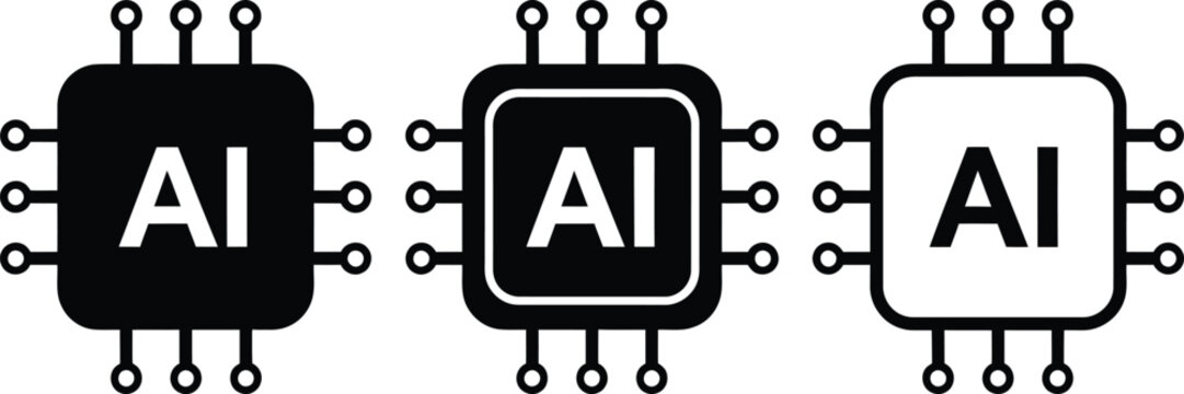 Artificial intelligence chip icon set, modern AI processor vector symbols, electronic integrated circuit microchip collection