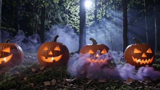 Spooky glowing halloween pumpkin lantern group shining within dark night forest under bright full moon with purple smoke, mist rising behind carved faces near scary dead tree