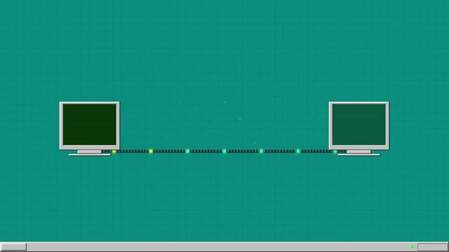 Minimalist digital illustration of two desktop computers connected via a network data cable.