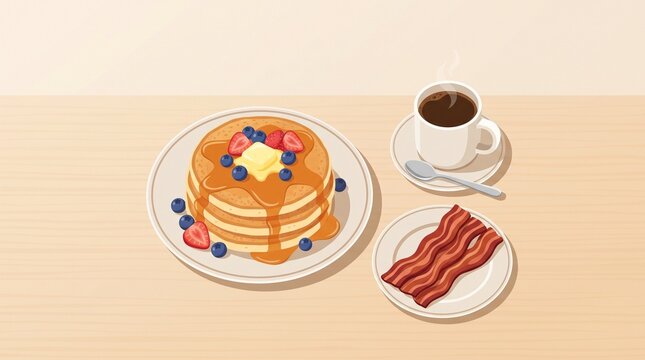 An illustrated stack of pancakes topped with butter, syrup, blueberries, and strawberries, served with a side of bacon and coffee.   