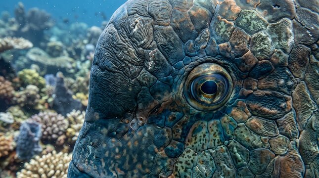 Extreme close-up of a Humphead Parrotfish highlighting its eye, forehead and intricate natural scale texture.