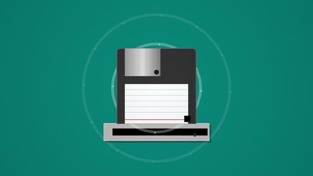 Retro floppy disk illustration with digital data storage icon on green background.