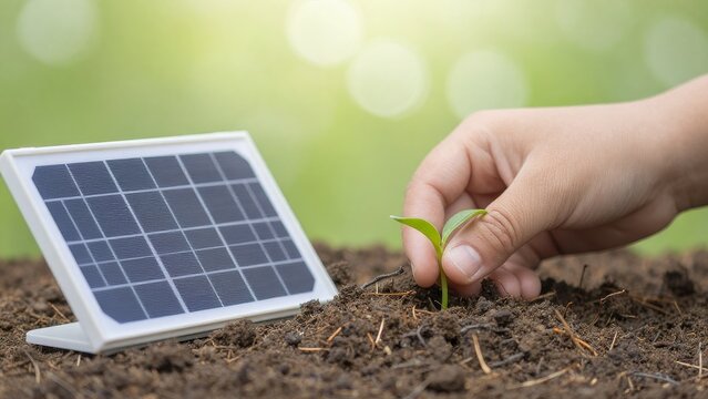 Hand Planting Green Seedling Near Solar Panel on Ground Soil