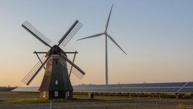 Windmill and Wind Turbine with Solar Panels at Sunset Dusk Scene