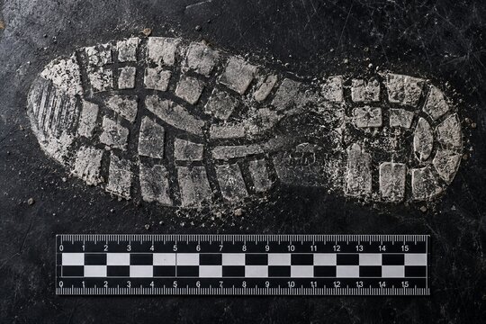 Forensic Shoe Print Evidence with Measurement Scale on Dark Floor, Footwear Impression Analysis, Crime Scene Investigation and Police Forensics