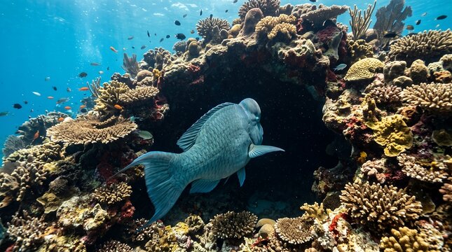 A wild Humphead Parrotfish approaching a natural coral cave within a complex tropical reef environment.
