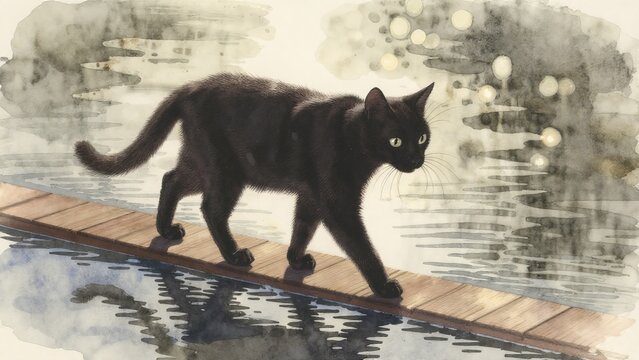 Black Cat Walking on a Wooden Path Over a Reflective Water Surface