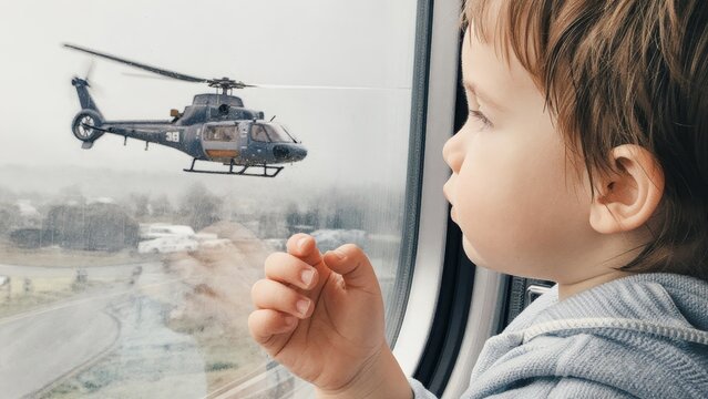 Child Watching Helicopter Through Airplane Window on a Cloudy Day