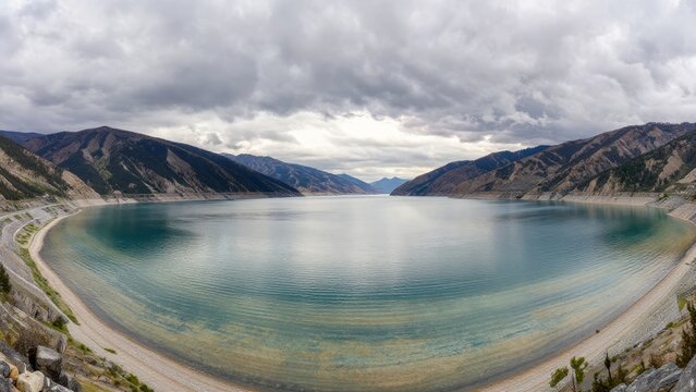 Serene View of Tranquil Lake Surrounded by Mountain Landscape
