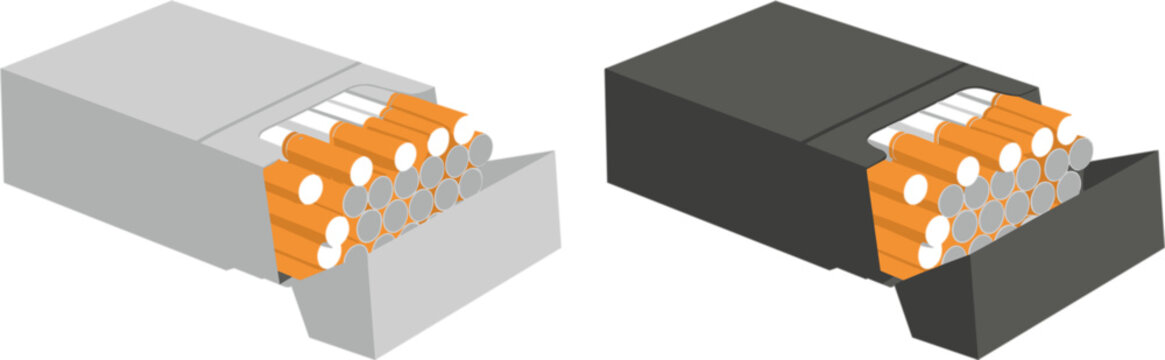 Vector illustration set of open cigarette packs in white and black colors showing isometric cigarettes with filters for smoking concept designs