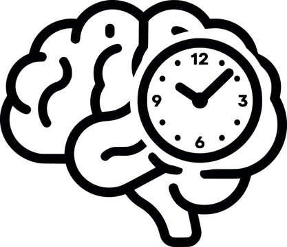 Brain clock icon representing time management and cognitive productivity, black line art vector illustration isolated on white background