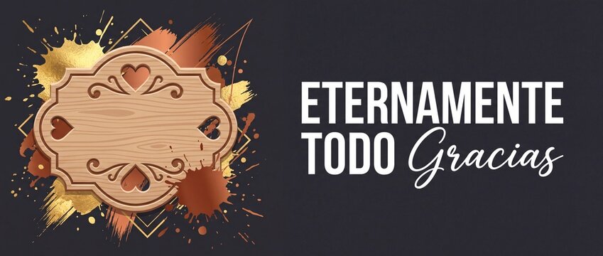 Spanish thank you banner background wooden frame with gold splashes for gratitude celebration card header and social media cover, eternamente todo gracias text design with copy space