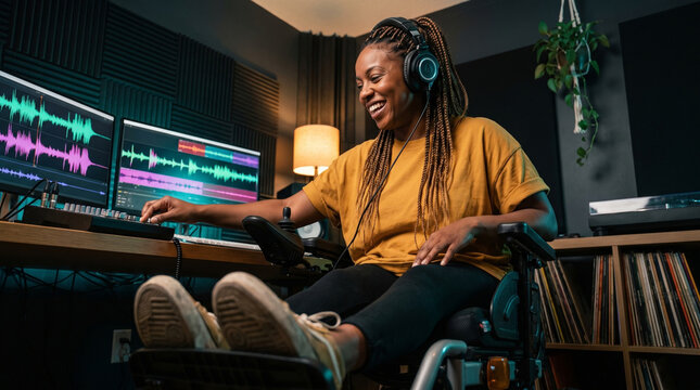 Smiling wheelchair user producing music in home recording studio