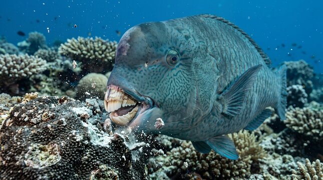 Close underwater view of a Humphead Parrotfish using its powerful beak-like mouth while feeding on exposed coral rock.