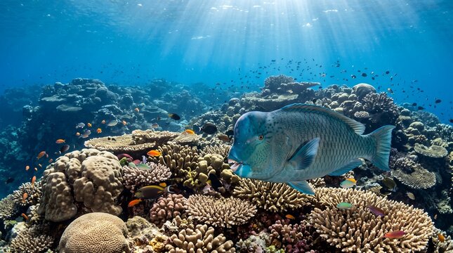 Wide underwater view of a Humphead Parrotfish crossing an expansive coral reef plateau in a tropical marine ecosystem.