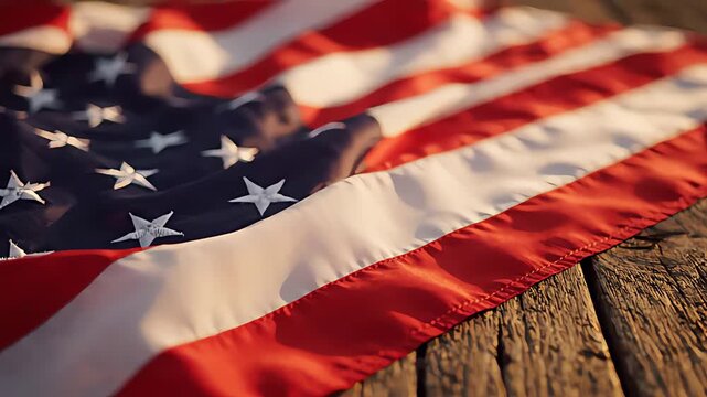 National flag with white stars and red stripes resting on rustic wood