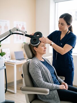 Patient receiving transcranial magnetic stimulation therapy