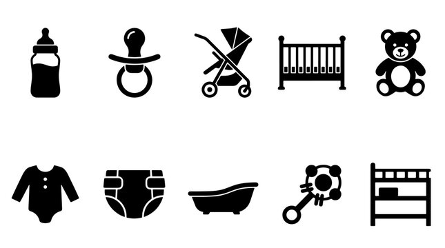 Baby care and infant essentials icons for newborn products and childcare needs