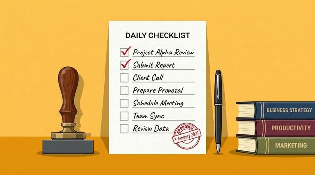 Daily task checklist with approved stamp and office supplies on yellow background