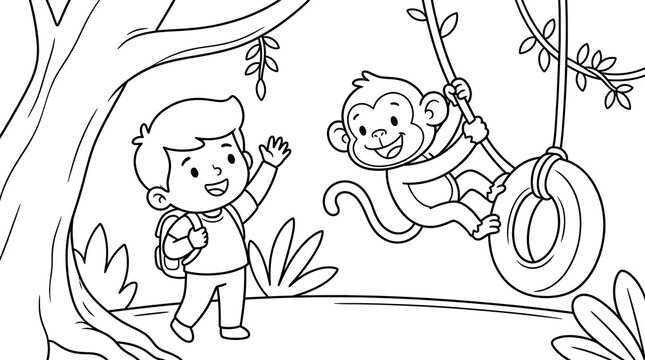 A happy young boy waves to a playful monkey swinging on a tire swing in a jungle setting, coloring page illustration.