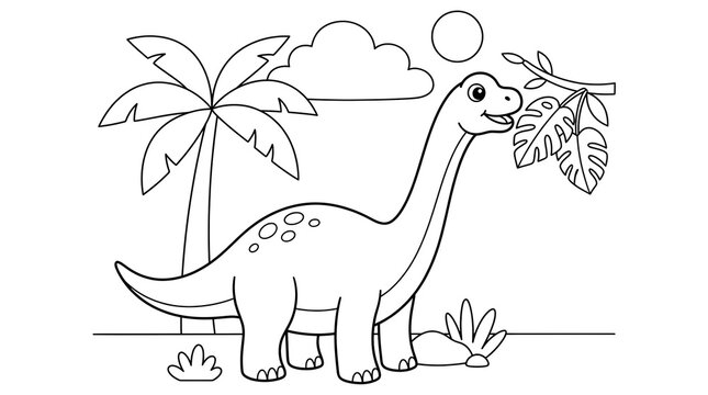 Cute cartoon dinosaur eating leaves from a tree in a prehistoric landscape coloring page for kids