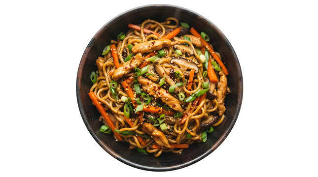 Top down studio photograph of a dark ceramic bowl filled with savory chicken chow mein stir fry noodles tossed with bright orange carrot strips and sliced shiitake mushrooms on transparent background