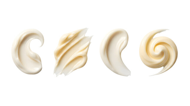 Four distinct cosmetic cream samples isolated on white, featuring a curved glossy swoop, a textured linear smear with parallel ridges, a smooth tapered swipe, and a perfectly swirled dollop